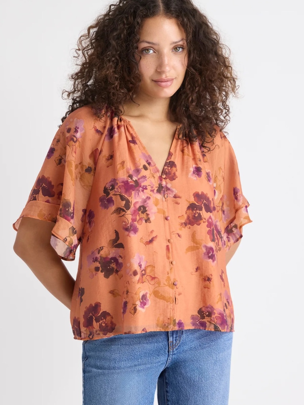 RW&CO. Orange Floral V-Neck Short Sleeve Blouse